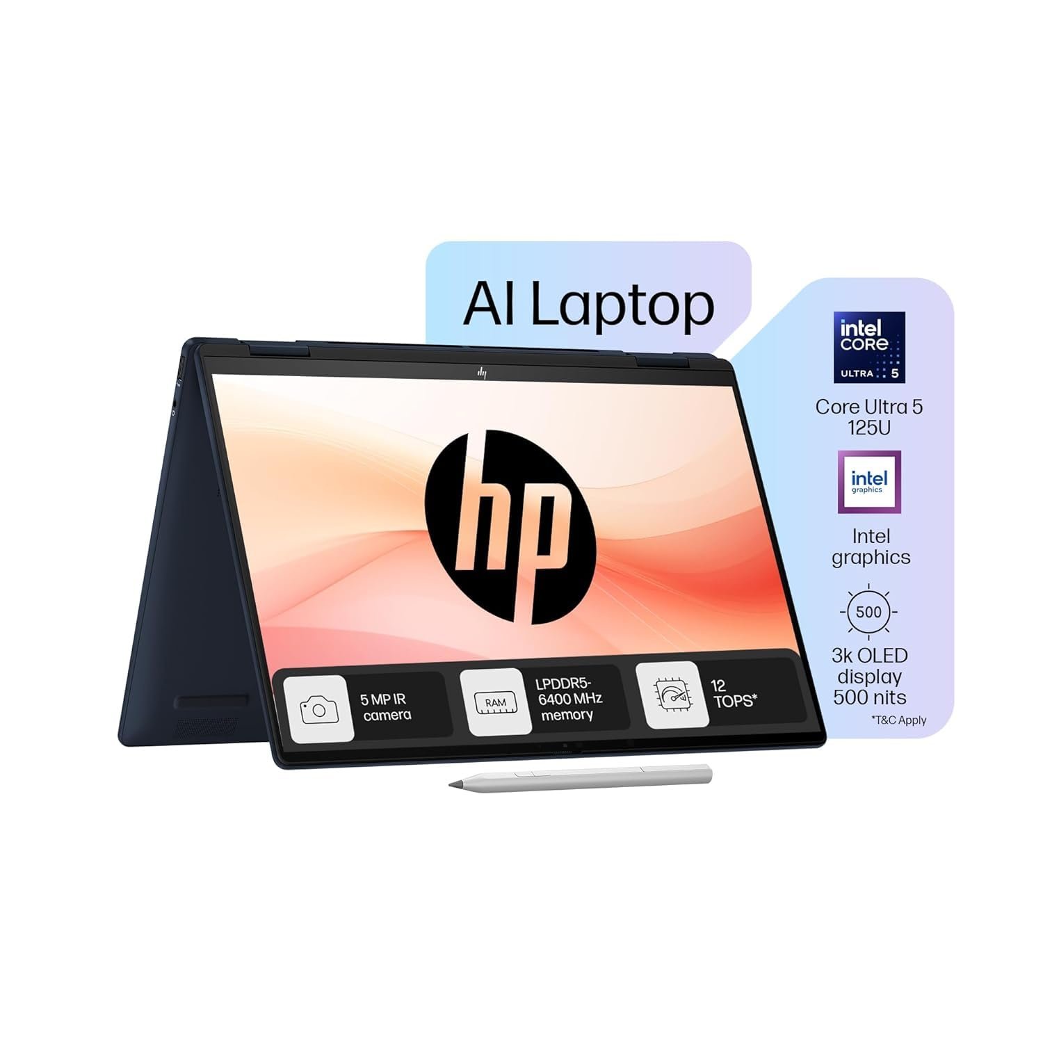 HP Envy x360 AI Laptop, Intel Core Ultra 5 125U, 12 TOPS, 16GB LPDDR5, 512GB SSD, (Win11, Office24, Blue, 1.44 kg) Touchscreen, 3K, OLED, 14-inch (35.6cm), Integrated graphics, 5MP IR camera, fc0178TU HP Envy x360 AI Laptop, Intel Core Ultra 5 125U, 12 TOPS, 16GB LPDDR5, 512GB SSD, (Win11, Office24, Blue, 1.44 kg) Touchscreen, 3K, OLED, 14-inch (35.6cm), Integrated graphics, 5MP IR camera, fc0178TU