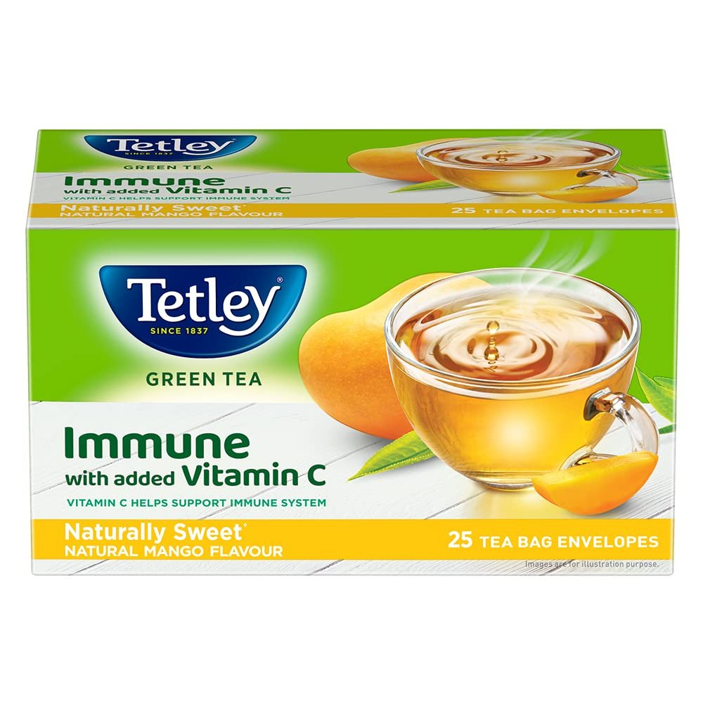 61wofc08mhl. sl1000 Tetley Green Tea, Refreshing, 100 Tea Bags, 140 Grams & Tetley Green Tea Immune, With Added Vitamin C, Naturally Mango Flavour, 25 Tea Bags, 1.3gx25, 32 Grams