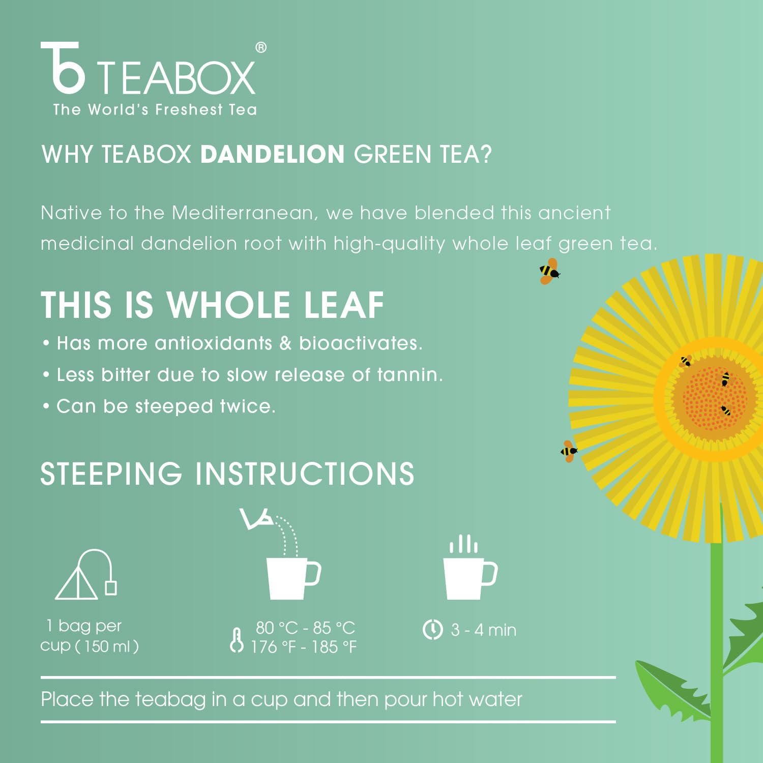 61z565upqcl. sl1500 Teabox Premium Green Tea With Dandelion Roots | Whole Leaf & 0% Bitterness | Green Tea From The Himalayas | 25 Tea Bags (Low Caffeine)