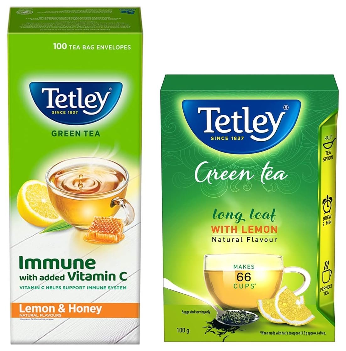 Tetley Green Tea, Lemon and Honey, 100 Tea Bags- & Tetley Long Leaf Green Tea, Lemon, 100g Tetley Green Tea, Lemon and Honey, 100 Tea Bags- & Tetley Long Leaf Green Tea, Lemon, 100g