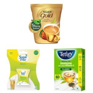 Tata Tea Gold 1kg, Premium Assam Teas With Gently Rolled Aromatic Long Loose Leaves & Sugar Free Natura, 500 Pellets, 42.5g & Tetley Long Leaf Green Tea, 100 Grams, Vegetarian