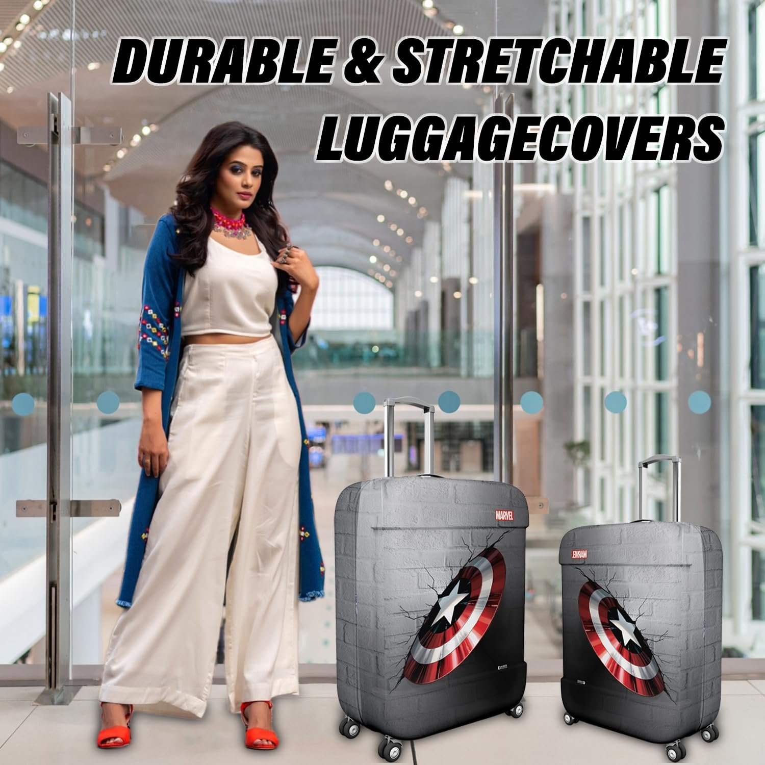 716ux73dyl. sl1500 Heart Home Marvel Captain America Shield Luggage Cover | Polyester Travel Suitcase Cover | Washable | Stretchable Suitcase Protector | 18-22 Inch | Small | Gray