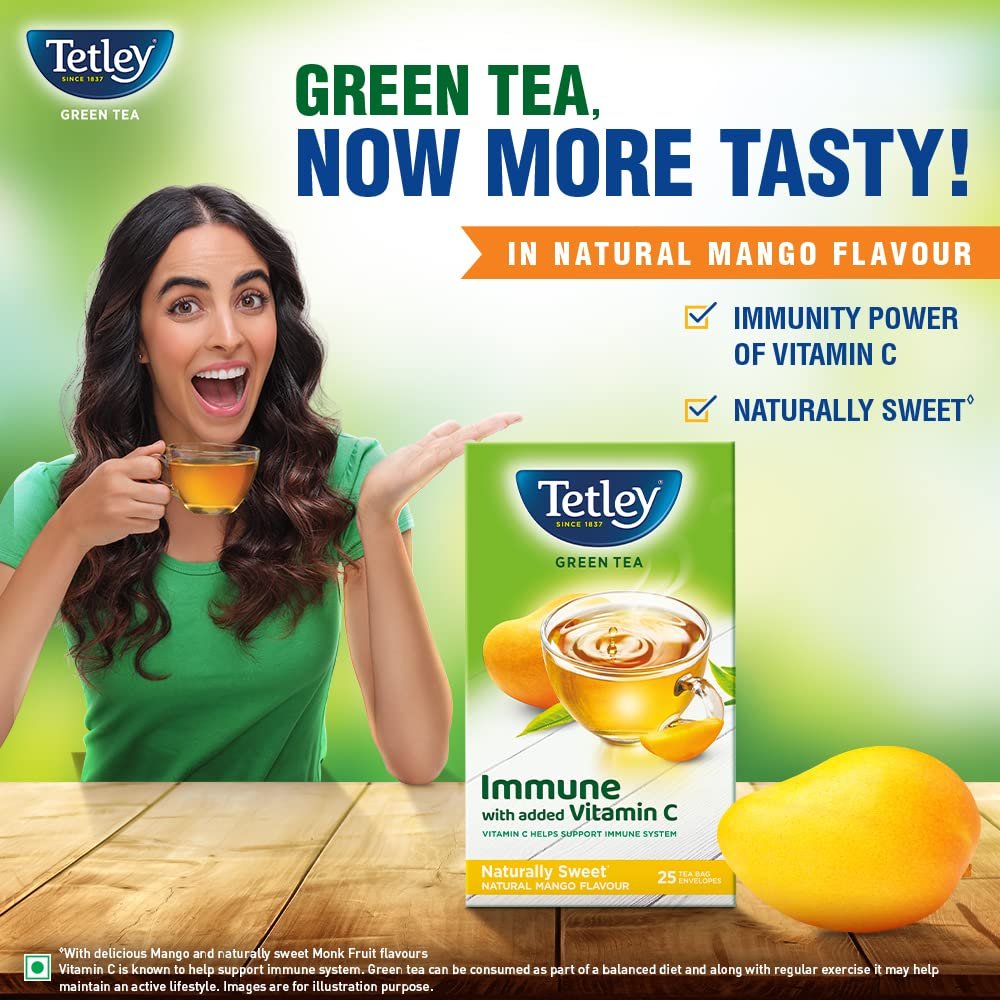 71lbanixtjl. sl1000 Tetley Green Tea, Refreshing, 100 Tea Bags, 140 Grams & Tetley Green Tea Immune, With Added Vitamin C, Naturally Mango Flavour, 25 Tea Bags, 1.3gx25, 32 Grams
