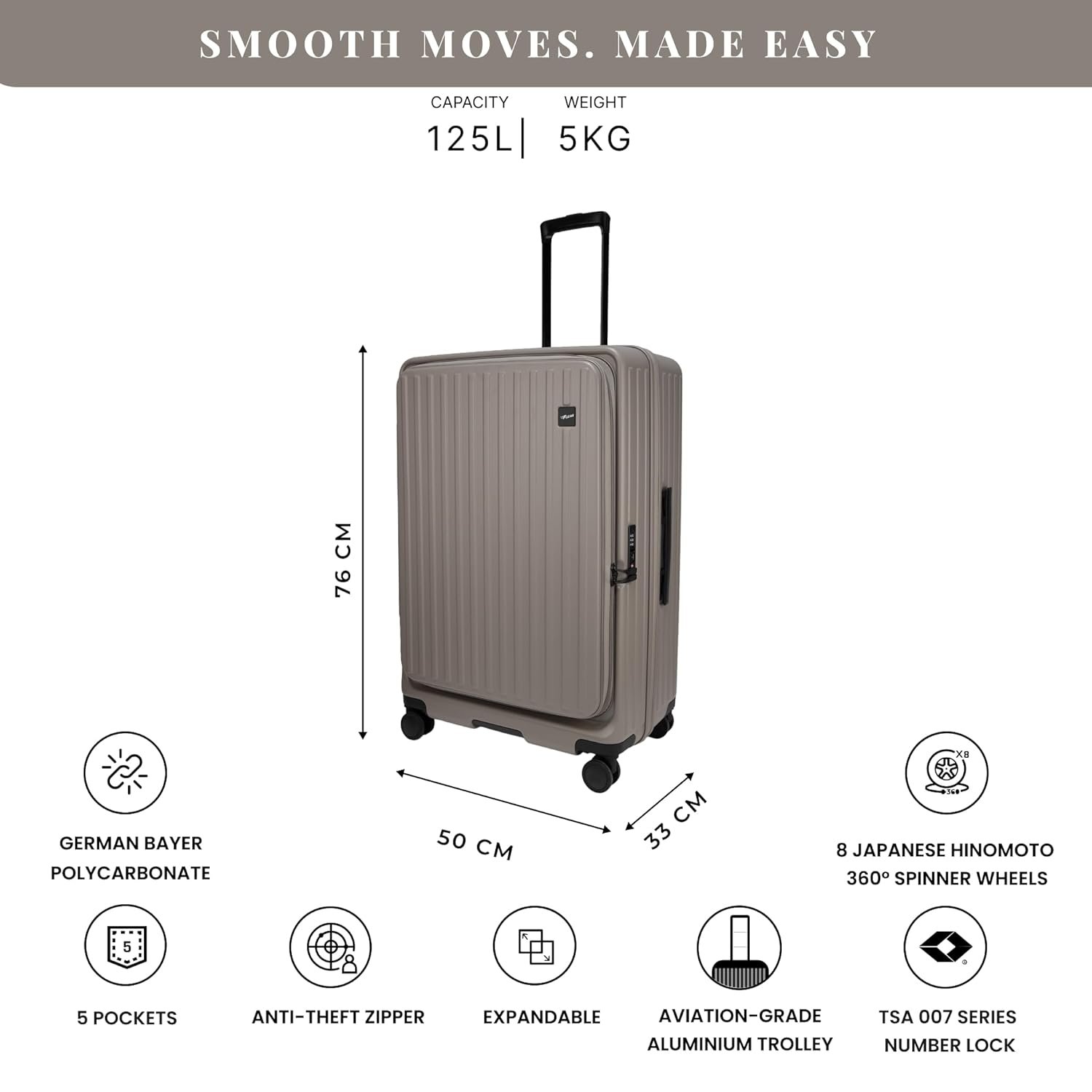 71mep73aml. sl1500 F Gear Montreal Large 76cm German Polycarbonate Hard Luggage|8 Japanese Hinomoto Silent Wheels|Expandable Check-in Front Opening Suitcase for Travel| Anti-Theft Zipper, TSA 007 Lock (Taupe)