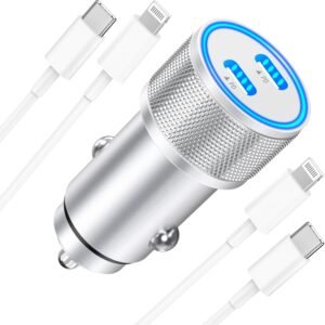 [Apple MFi Certified] iPhone Fast Car Charger, Linocell 60W Dual USB C Power Delivery All Metal Rapid Car Charger Adapter with 2Pack Type C to Lightning Cord Quick Car Charging for iPhone/iPad/Airpods