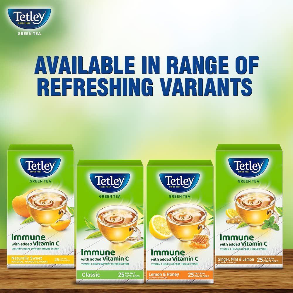 71otxi6jutl. sl1000 Tetley Green Tea, Refreshing, 100 Tea Bags, 140 Grams & Tetley Green Tea Immune, With Added Vitamin C, Naturally Mango Flavour, 25 Tea Bags, 1.3gx25, 32 Grams