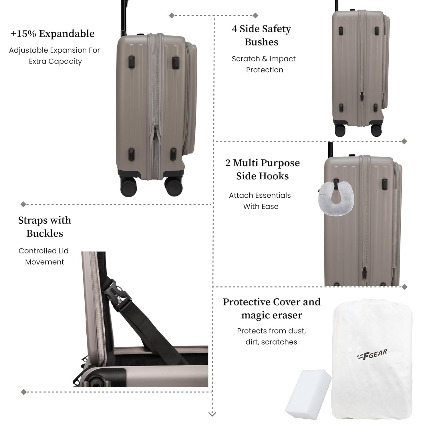 71sklsh29ul. sl1500 F Gear Montreal Large 76cm German Polycarbonate Hard Luggage|8 Japanese Hinomoto Silent Wheels|Expandable Check-in Front Opening Suitcase for Travel| Anti-Theft Zipper, TSA 007 Lock (Taupe)