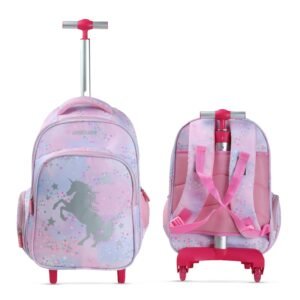 NOVEX Unicorn Kids Backpack Trolley | 18 Inch Baby Pink School Bag with 2 Wheels | Cute Girls Travel Spinner Luggage with 2 Compartments | Lightweight Easy-to-Carry Polyester - 52 cm