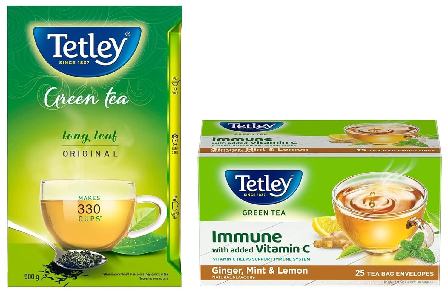 Tetley Loose Green Tea Leaves 500g – Classic Flavour, Immune Support, Vitamin C, 400 Cups, 5x Antioxidants & Tetley Green Tea Immune 25 Bags – Ginger, Mint, Lemon, Vitamin C Tetley Loose Green Tea Leaves 500g – Classic Flavour, Immune Support, Vitamin C, 400 Cups, 5x Antioxidants & Tetley Green Tea Immune 25 Bags – Ginger, Mint, Lemon, Vitamin C