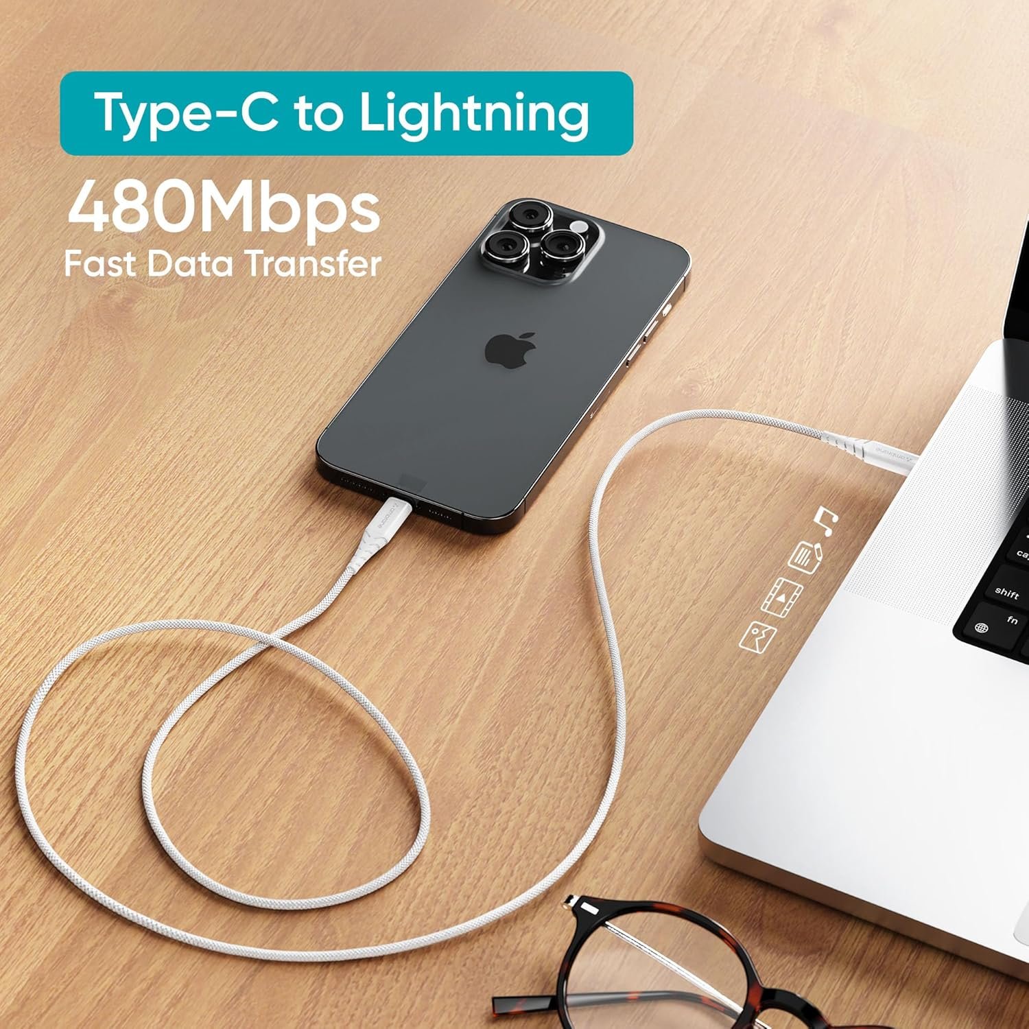 81jbihpe xl. sl1500 Ambrane Type-C to Lightning Cable, 22.5W Fast Charging, 480Mbps Data Sync Cable Compatible with iPhone, iPad, Macbook, iMac, AirPods, 1.25m (ABTL-125 White)