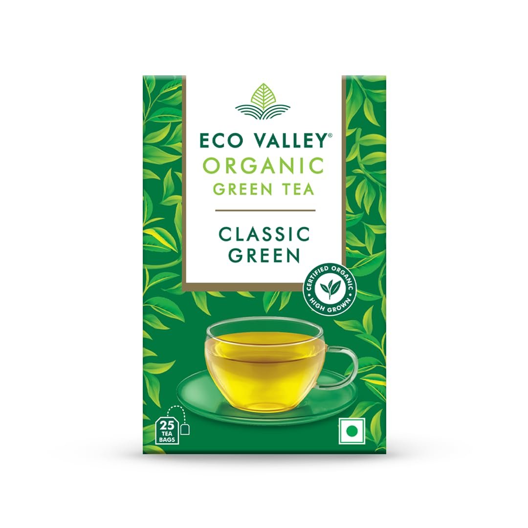 Eco Valley Organic Green Tea - Classic Green- 25 Tea Bags | Boost Energy, Helps Burn Body Fat | Grown in Nilgiris | Zero Calories | Rich in Antioxidants | Good for Digestion | 50 g, Pack of 1 Eco Valley Organic Green Tea - Classic Green- 25 Tea Bags | Boost Energy, Helps Burn Body Fat | Grown in Nilgiris | Zero Calories | Rich in Antioxidants | Good for Digestion | 50 g, Pack of 1