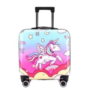 Cartoon Print Kids Travel Trolley Bag Lightweight Luggage 4 Wheels Suitcase 20 Inches (Unicorn)