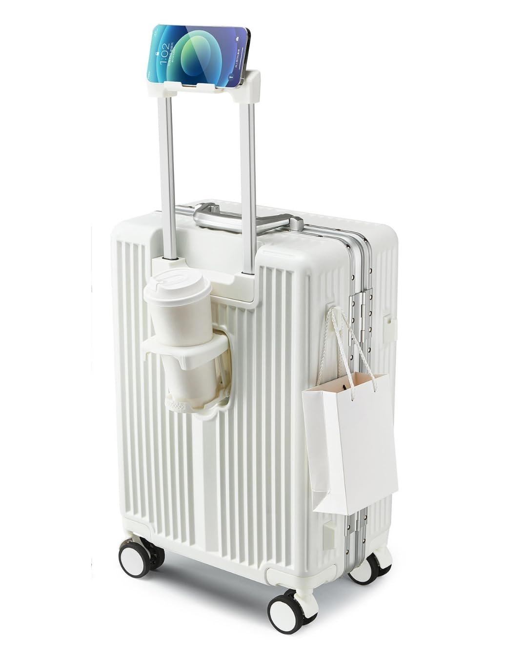 51xeyb0ecul. sl1350 PYB Quest – Cabin Zipless Aluminium Frame+PC Suitcase Trolley, Laptop Compartment, Mobile-Cup Holder, Hooks, TSA Lock, Noiseless 360° Rotating 8 Wheels (White)