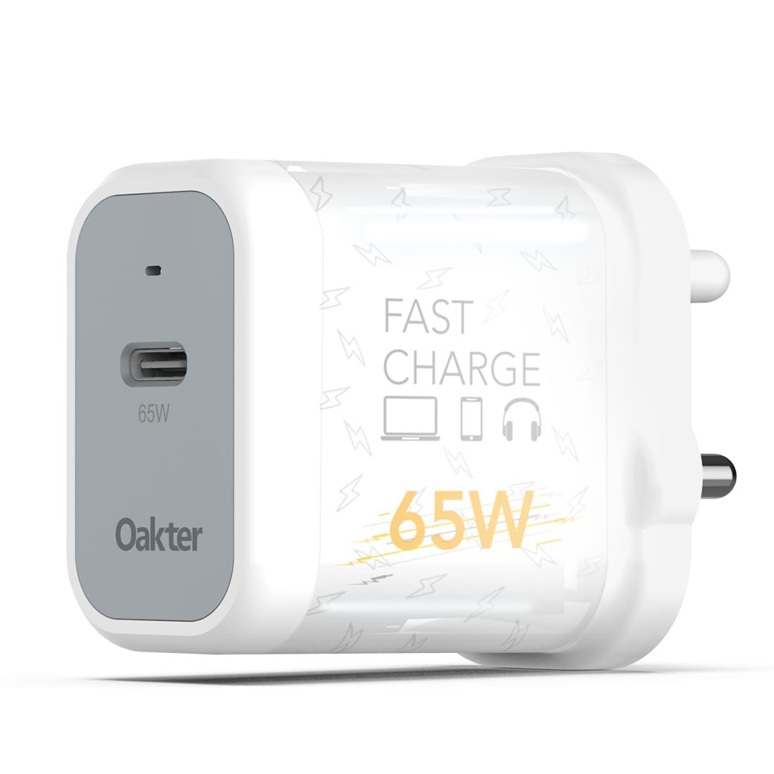 Oakter 65W Fast Charger | Type-C Fast Charging Adapter for Laptop, Mobile, MacBook, iPhone 15 & Newer, iPad, Samsung | White | 3- Pin Plug (Adapter) Oakter 65W Fast Charger | Type-C Fast Charging Adapter for Laptop, Mobile, MacBook, iPhone 15 & Newer, iPad, Samsung | White | 3- Pin Plug (Adapter)