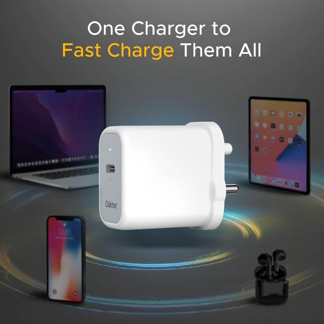 51nd1ffvc1l. sl1100 Oakter 65W Fast Charger | Type-C Fast Charging Adapter for Laptop, Mobile, MacBook, iPhone 15 & Newer, iPad, Samsung | White | 3- Pin Plug (Adapter)