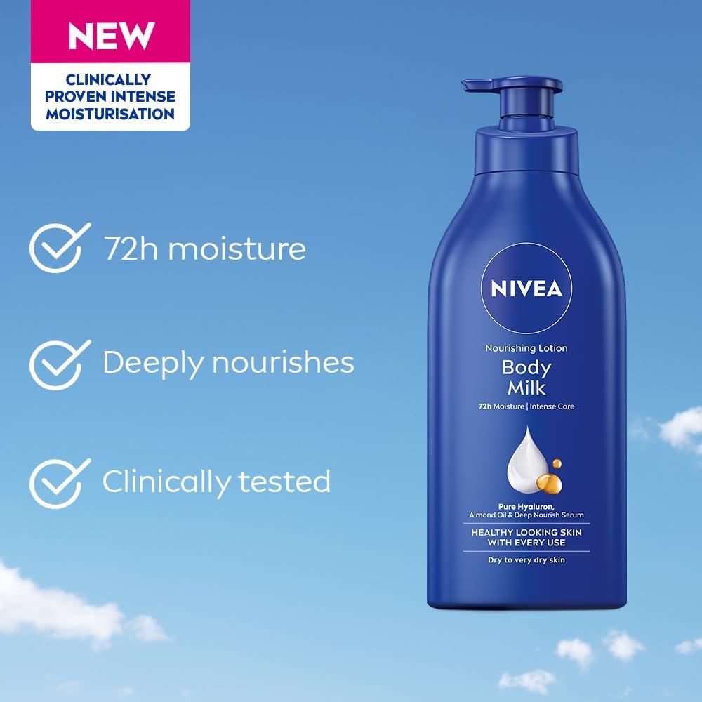 51pztl7rrl. sl1000 NIVEA Nourishing Body Milk 600ml Body Lotion with Hyaluronic Acid | 72Hr Hydration | Deep Moisture Care for Very Dry Skin | Enriched with Almond Oil | Smooth, Radiant & Healthy Looking Skin Care