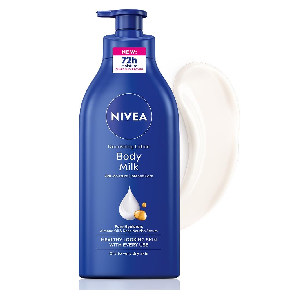 51riscfcznl. sl1000 NIVEA Nourishing Body Milk 600ml Body Lotion with Hyaluronic Acid | 72Hr Hydration | Deep Moisture Care for Very Dry Skin | Enriched with Almond Oil | Smooth, Radiant & Healthy Looking Skin Care