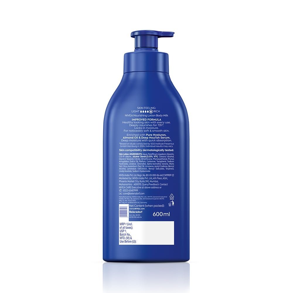 51ulnm2bmfl. sl1000 NIVEA Nourishing Body Milk 600ml Body Lotion with Hyaluronic Acid | 72Hr Hydration | Deep Moisture Care for Very Dry Skin | Enriched with Almond Oil | Smooth, Radiant & Healthy Looking Skin Care