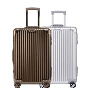 PYB Autograph 20 inch Aluminium Luggage Set of 2 – Premium Zipless Trolley Bags with TSA Lock, 8 Silent Spinner Wheels, Compression Straps, Divider – Hardcase Travel Suitcase (Silver and Gold)