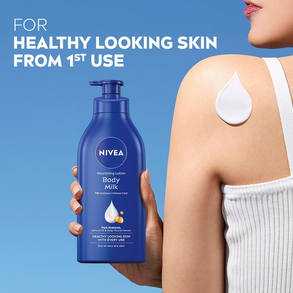 61a7czltl. sl1000 NIVEA Nourishing Body Milk 600ml Body Lotion with Hyaluronic Acid | 72Hr Hydration | Deep Moisture Care for Very Dry Skin | Enriched with Almond Oil | Smooth, Radiant & Healthy Looking Skin Care