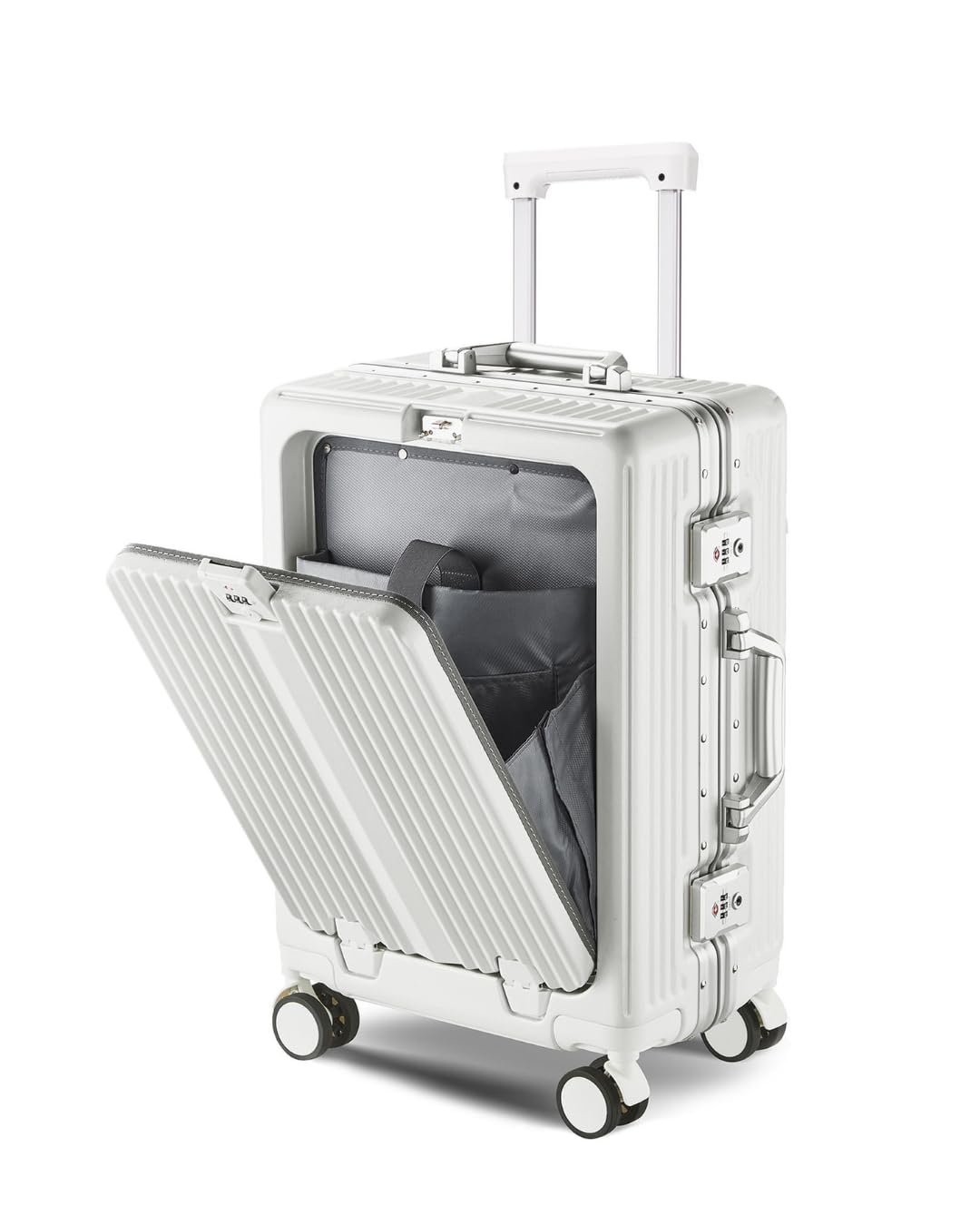 PYB Quest - Cabin Zipless Aluminium Frame+PC Suitcase Trolley, Laptop Compartment, Mobile-Cup Holder, Hooks, TSA Lock, Noiseless 360° Rotating 8 Wheels (White) PYB Quest - Cabin Zipless Aluminium Frame+PC Suitcase Trolley, Laptop Compartment, Mobile-Cup Holder, Hooks, TSA Lock, Noiseless 360° Rotating 8 Wheels (White)