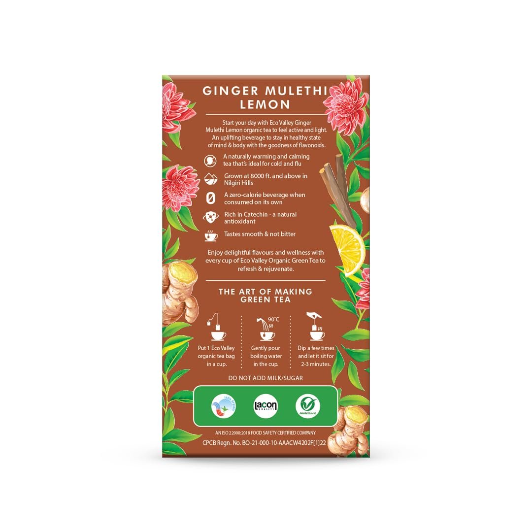 61wopgatral. sl1080 Eco Valley Organic Green Tea – Ginger Mulethi Lemon – 25 Tea Bags | Boost Energy, Helps Burn Body Fat, Low Calories | Grown In Nilgiris | Rich in Antioxidants | 50 grams, Pack of 1