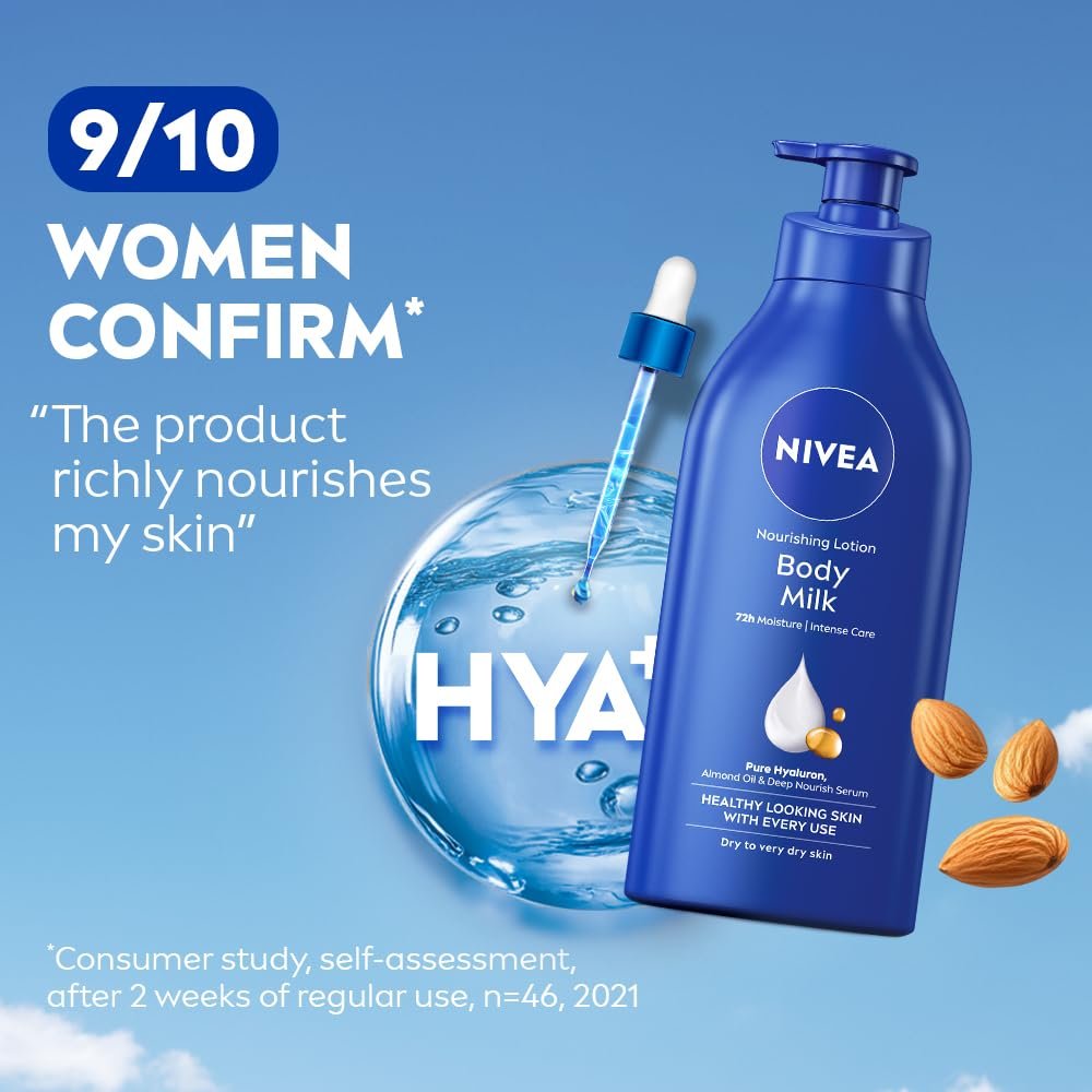61apdlqhs5l. sl1000 NIVEA Nourishing Body Milk 600ml Body Lotion with Hyaluronic Acid | 72Hr Hydration | Deep Moisture Care for Very Dry Skin | Enriched with Almond Oil | Smooth, Radiant & Healthy Looking Skin Care