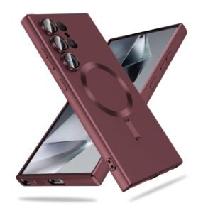 DIZORO Samsung S24 Ultra Case, Compatible with Mag Safe, Matte Luxury Metallic Luster Flexible TPU Wireless Charging Shockproof Case with Camera Protector (Wine)