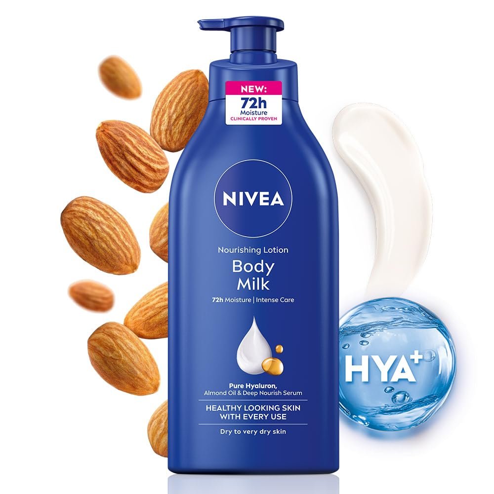 61nhtnvouhl. sl1000 NIVEA Nourishing Body Milk 600ml Body Lotion with Hyaluronic Acid | 72Hr Hydration | Deep Moisture Care for Very Dry Skin | Enriched with Almond Oil | Smooth, Radiant & Healthy Looking Skin Care