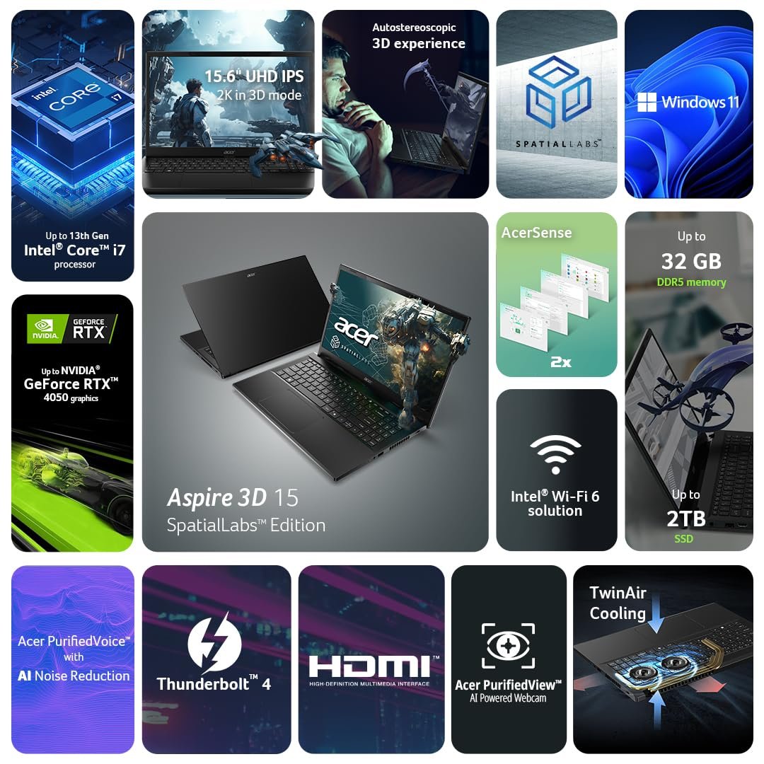 719mda suol. sl1080 acer Aspire 3D 15 SpatialLabs Edition Gaming Laptop Intel Core i7-13620H Processor (16GB/1TB/NVIDIA RTX4050/Win11Home) A3D15-71GM, 39.6 cm(15.6) UHD 3840 x 2160 IPS Display, Obsidian Black, 2.32KG
