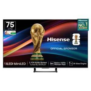 Hisense 189 cm (75 Inches) 4K QLED Mini-LED Smart TV | 900 NITS Peak Brightness | 144Hz Game Mode | Dolby Vision IQ, Dolby Atmos | 2.1 CH 40W Speakers (Built-in Subwoofer) | VIDAA OS | 75U7Q (Black)