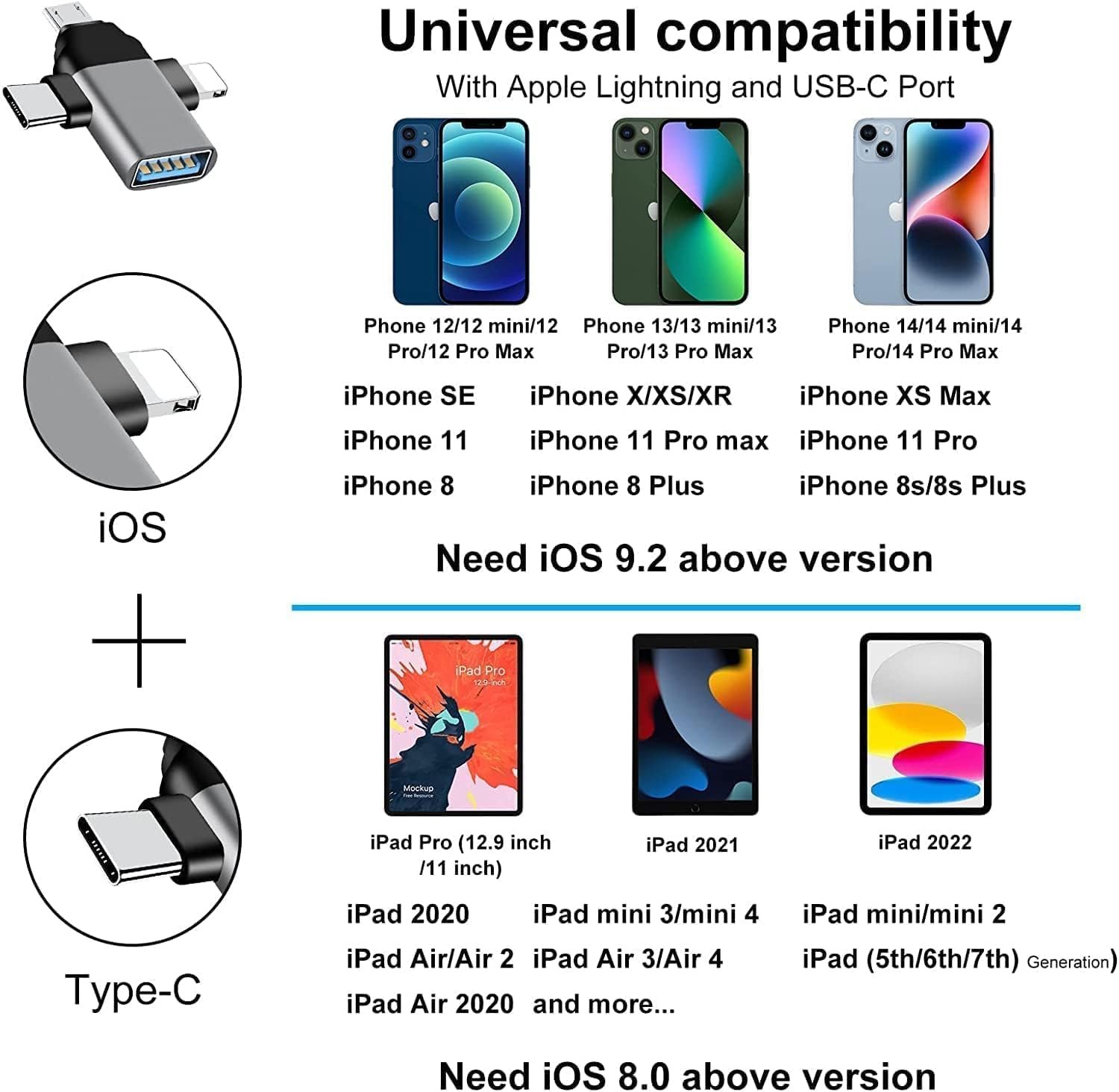 71snkuxqzul. sl1500 3 in 1 Pendrive Connector OTG Adapter with Lightening,Type C,Micro USB,USB Ports OTG Connector Compatible with iOS 13 & Above,Android/Type C Devices,iPhone,iPad,Pendrive,Keyboard,Mouse