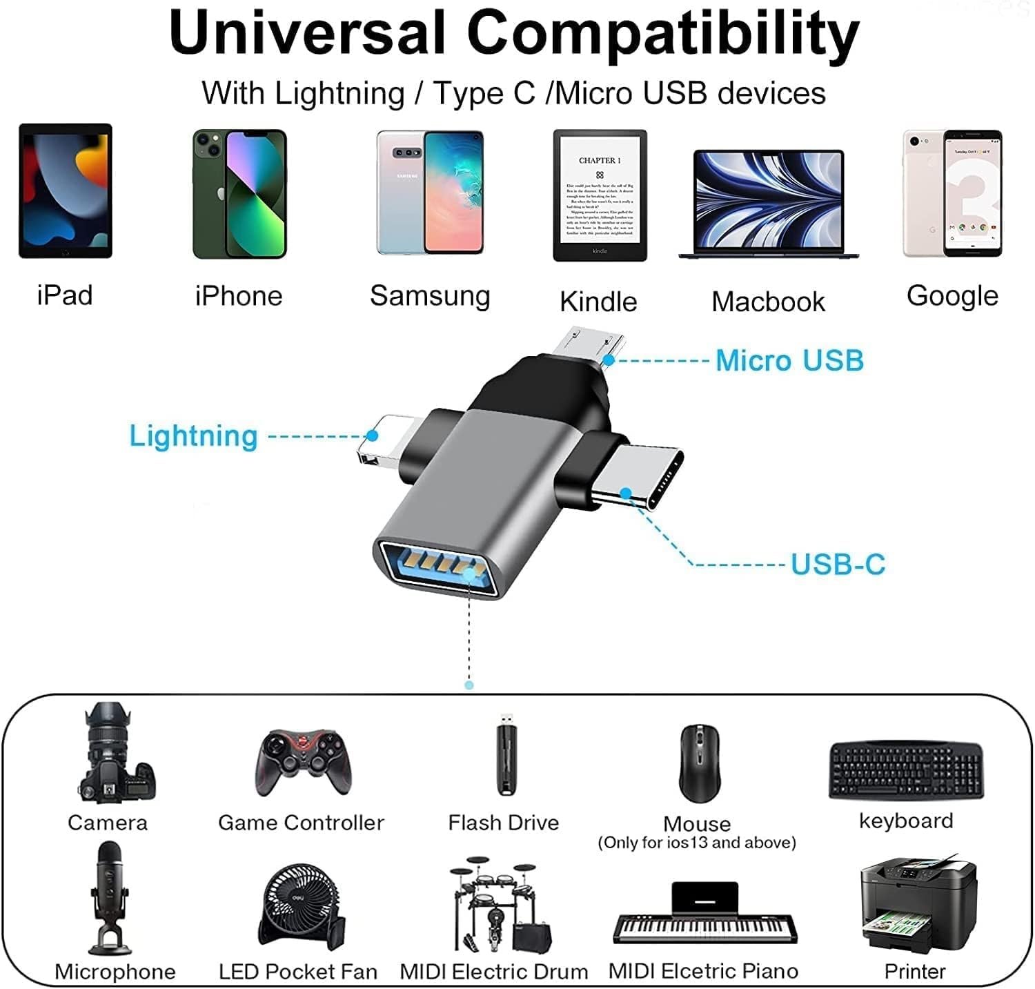 71cqt0ohxxl. sl1500 3 in 1 Pendrive Connector OTG Adapter with Lightening,Type C,Micro USB,USB Ports OTG Connector Compatible with iOS 13 & Above,Android/Type C Devices,iPhone,iPad,Pendrive,Keyboard,Mouse