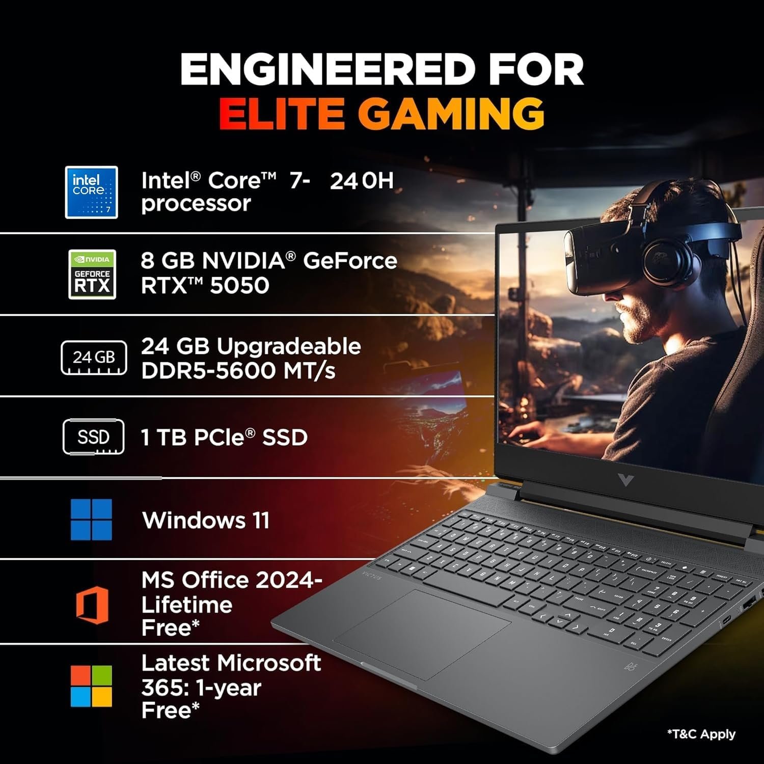 71puwayidml. sl1500 HP Victus, Intel Core 7 240H, 8GB RTX 5050, 24GB DDR5(Upgradeable) 1TB SSD, FHD, 144Hz, 300 nits, IPS, 15.6/39.6cm, Win11, M365* Office24, Mica Silver, 2.29kg, fa2409TX, RGB Backlit, Gaming Laptop