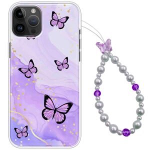 Printed Back Cover for Apple iPhone 14 Pro Max Back Case with Phone Charm Chain Strap Beads & Pearls for Girls Stylish - Purple Butterfly Girly Phone Cases Design - D17025