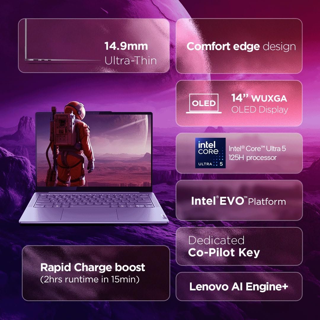 71yilhhdcfl. sl1080 Lenovo Yoga Slim 7, Intel Core Ultra 5 125H, 16GB RAM, 512GB SSD, WUXGA-OLED, AI PC, 14/35.5cm, 2Wx4 Speakers, Windows 11, Office Home 2024, Grey, 1.39Kg, 1Yr ADP Free, 83CV0085IN, AI Powered Laptop
