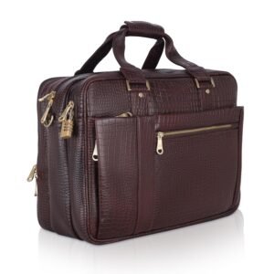 Men Genuine Leather Bag Durable Professional Briefcase Best Laptop Messenger Office Bag Travel with Trolley Strap 765 Days Warranty, Brown