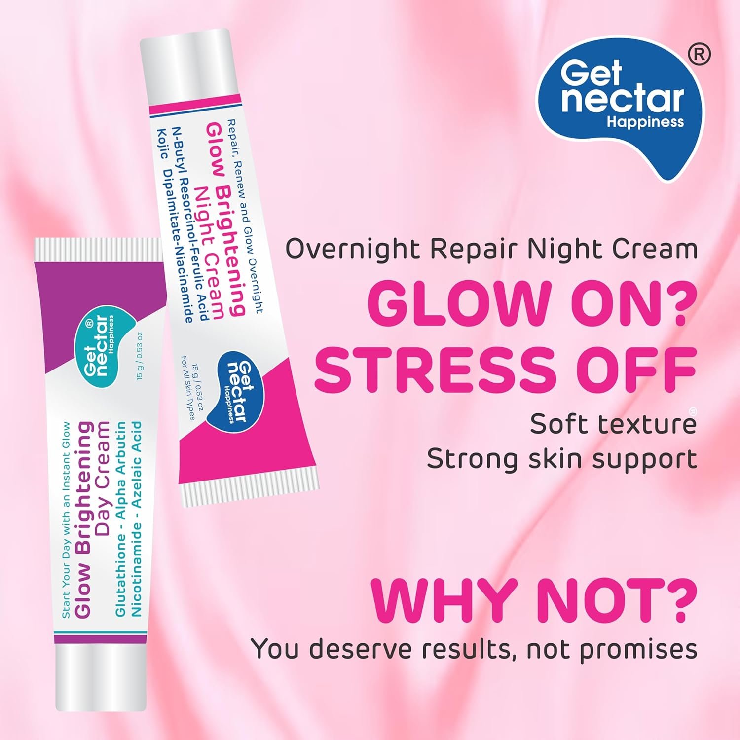 81ckxyxughl. sl1500 Get Nectar Happiness Glow Brightening Day & Night Cream Duo with Glutathione, Alpha Arbutin, Niacinamide, Kojic Acid & Ferulic Acid for Dark Spots, Pigmentation, Tan Removal & Glowing Skin for Men & Women Lightweight & Non-Greasy 15×2=30g Each