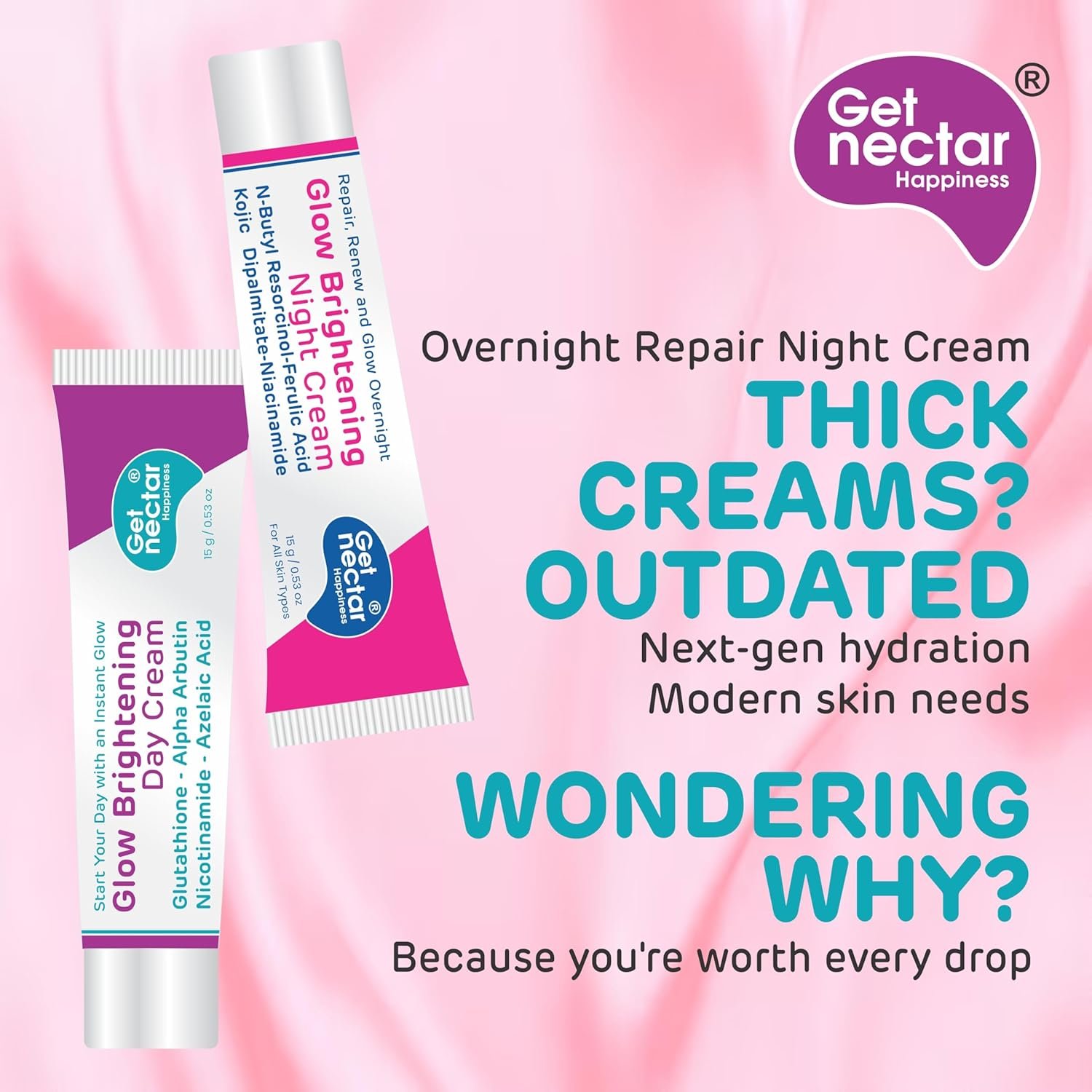 81i2cga8idl. sl1500 Get Nectar Happiness Glow Brightening Day & Night Cream Duo with Glutathione, Alpha Arbutin, Niacinamide, Kojic Acid & Ferulic Acid for Dark Spots, Pigmentation, Tan Removal & Glowing Skin for Men & Women Lightweight & Non-Greasy 15×2=30g Each