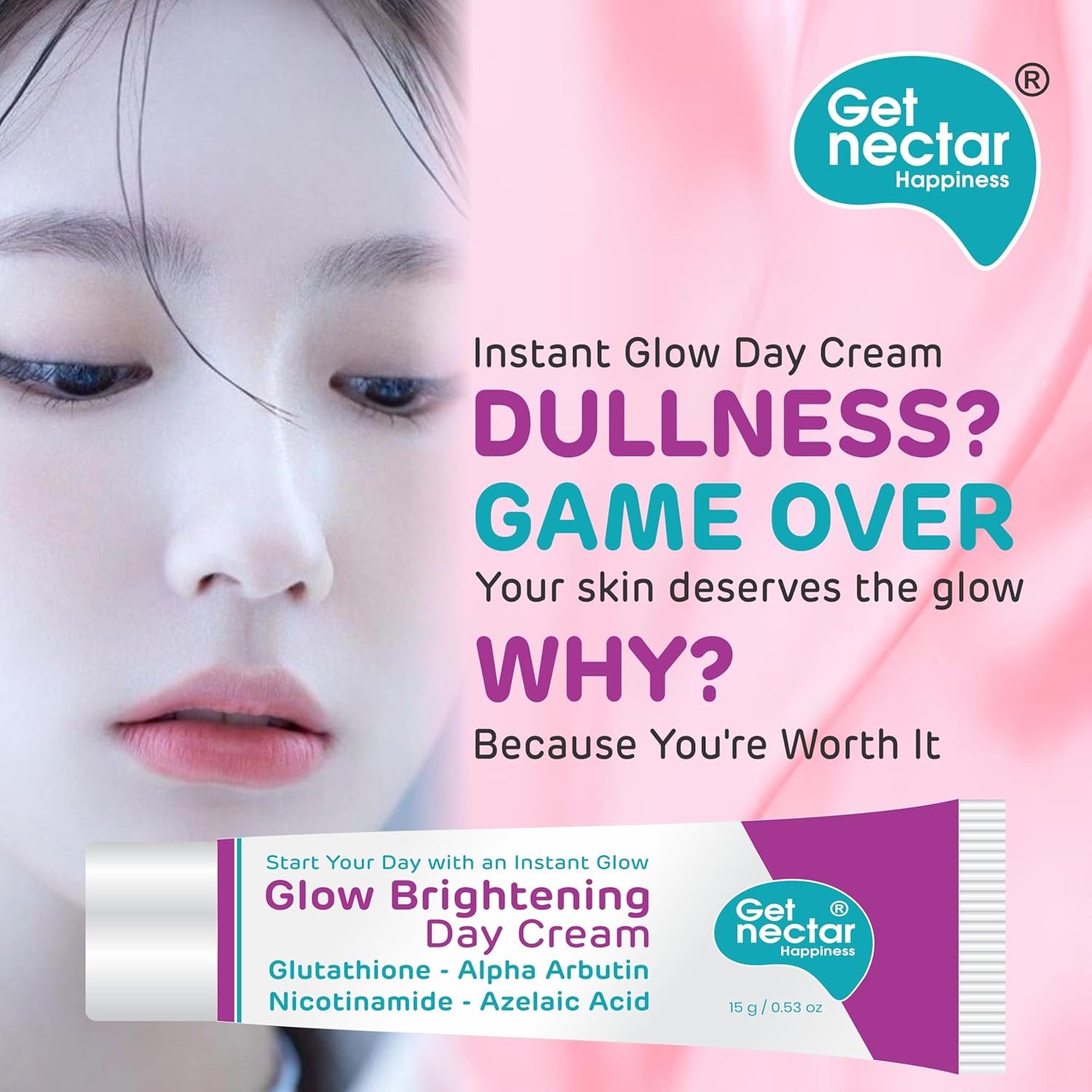 81nviocsrl. sl1500 Get Nectar Happiness Glow Brightening Day & Night Cream Duo with Glutathione, Alpha Arbutin, Niacinamide, Kojic Acid & Ferulic Acid for Dark Spots, Pigmentation, Tan Removal & Glowing Skin for Men & Women Lightweight & Non-Greasy 15×2=30g Each