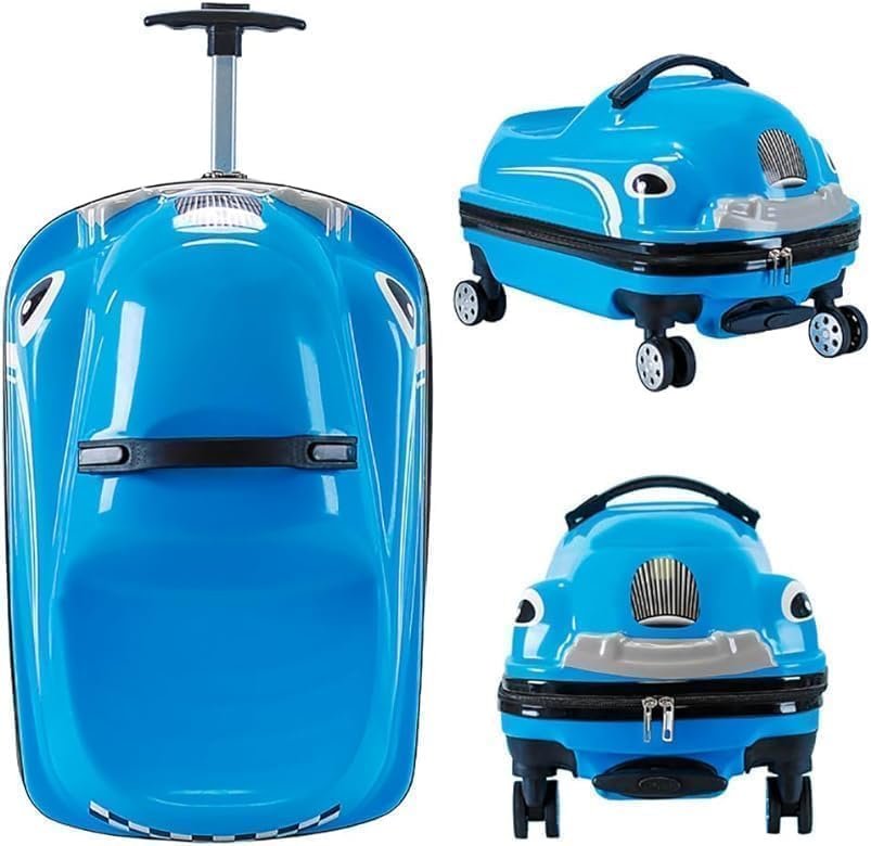 512rwsluuul 18-Inch Kids Ride-On Suitcase, Cute Car-Shaped Trolley Bag with 360° Universal Wheels, Lightweight Hard Shell Travel Luggage for Children, Portable Riding Cabin Suitcase
