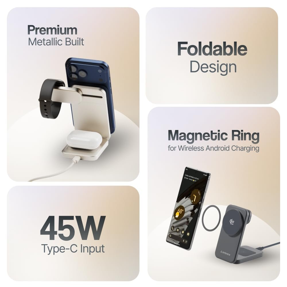 51cnbwloxl. sl1000 Ambrane Qi2 Magsafe Wireless 3-in-1 Charger for iPhone, Airpods&Apple Watch, Qi2 Certified Fast Charging, Premium&Foldable Design, for iPhone 16/15/14/13/12 Series (AerosynQ Trio 3, Titanium)