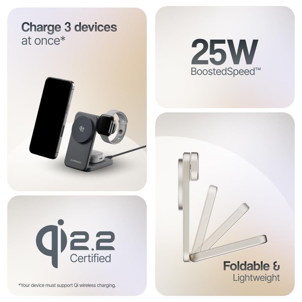 51ii0ukkn8l. sl1000 Ambrane Qi2 Magsafe Wireless 3-in-1 Charger for iPhone, Airpods&Apple Watch, Qi2 Certified Fast Charging, Premium&Foldable Design, for iPhone 16/15/14/13/12 Series (AerosynQ Trio 3, Titanium)