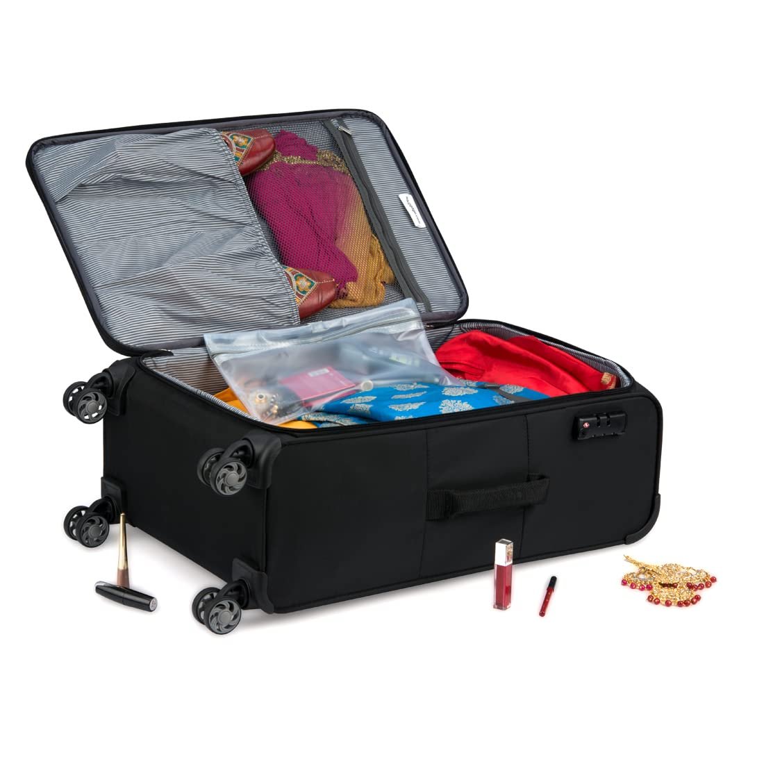 6115fajkxxl. sl1100 it luggage Debonair Worlds Lightest Bag 70 cms Medium Check-in Polyester Softsided 8 Wheels Spinner Luggage/Suitcase/Trolley Bag for Travel with Lock- Black
