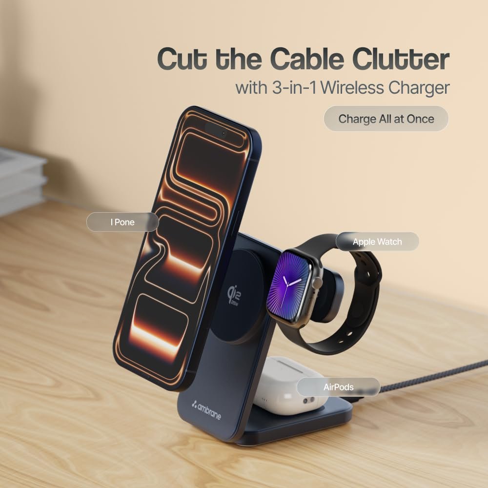 611lbg7blwl. sl1000 Ambrane Qi2 Magsafe Wireless 3-in-1 Charger for iPhone, Airpods&Apple Watch, Qi2 Certified Fast Charging, Premium&Foldable Design, for iPhone 16/15/14/13/12 Series (AerosynQ Trio 3, Titanium)