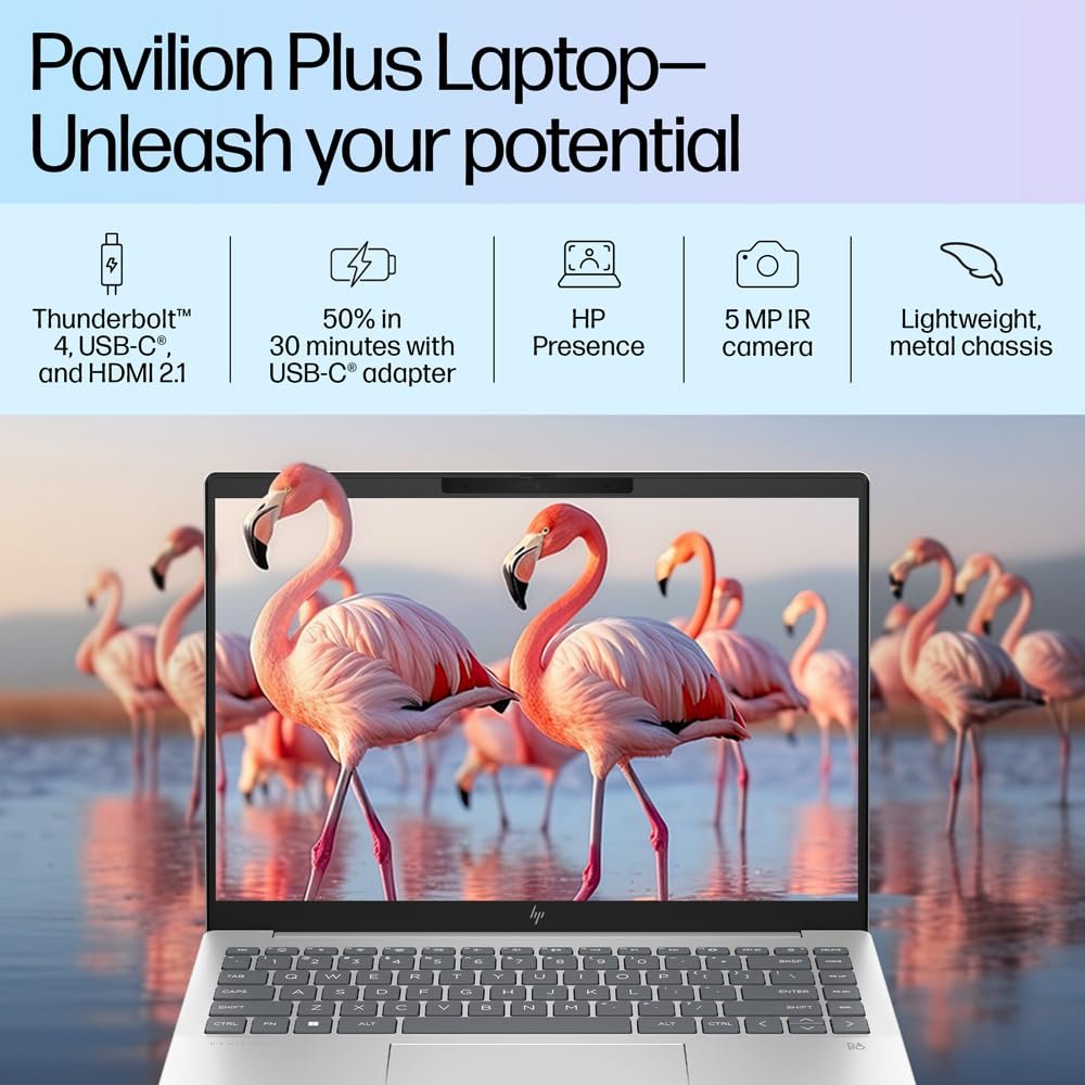 617qaaoakcl. sl1000 HP Pavilion Plus, 13th Gen Intel Core i5-1335U Laptop (16GB DDR5, 512GB SSD) IPS WUXGA Anti-Glare, 14/35.6cm, Win 11, MS Office, Silver, 1.44kg, Intel Iris Xe Graphics, 5MP IR Camera, ew0116TU/0107tu