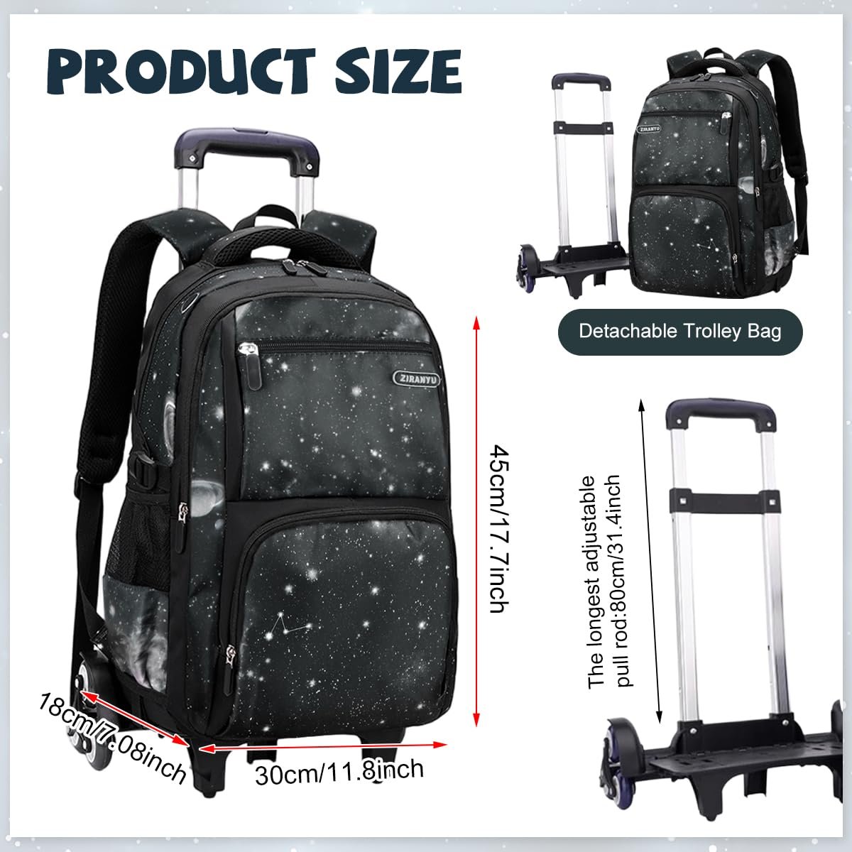 61ebwhxv l. sl1200 PALAY® Trolley School Bag Black Starry Sky 6-Wheel Backpack with Detachable Trolley Outdoor Large Capacity Nylon Trolly Backpack Multi-Compartments Waterproof School Bag with Wheels