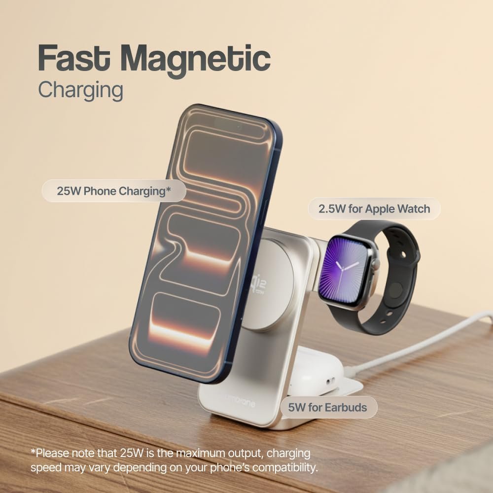 61mzmjvkbdl. sl1000 Ambrane Qi2 Magsafe Wireless 3-in-1 Charger for iPhone, Airpods&Apple Watch, Qi2 Certified Fast Charging, Premium&Foldable Design, for iPhone 16/15/14/13/12 Series (AerosynQ Trio 3, Titanium)