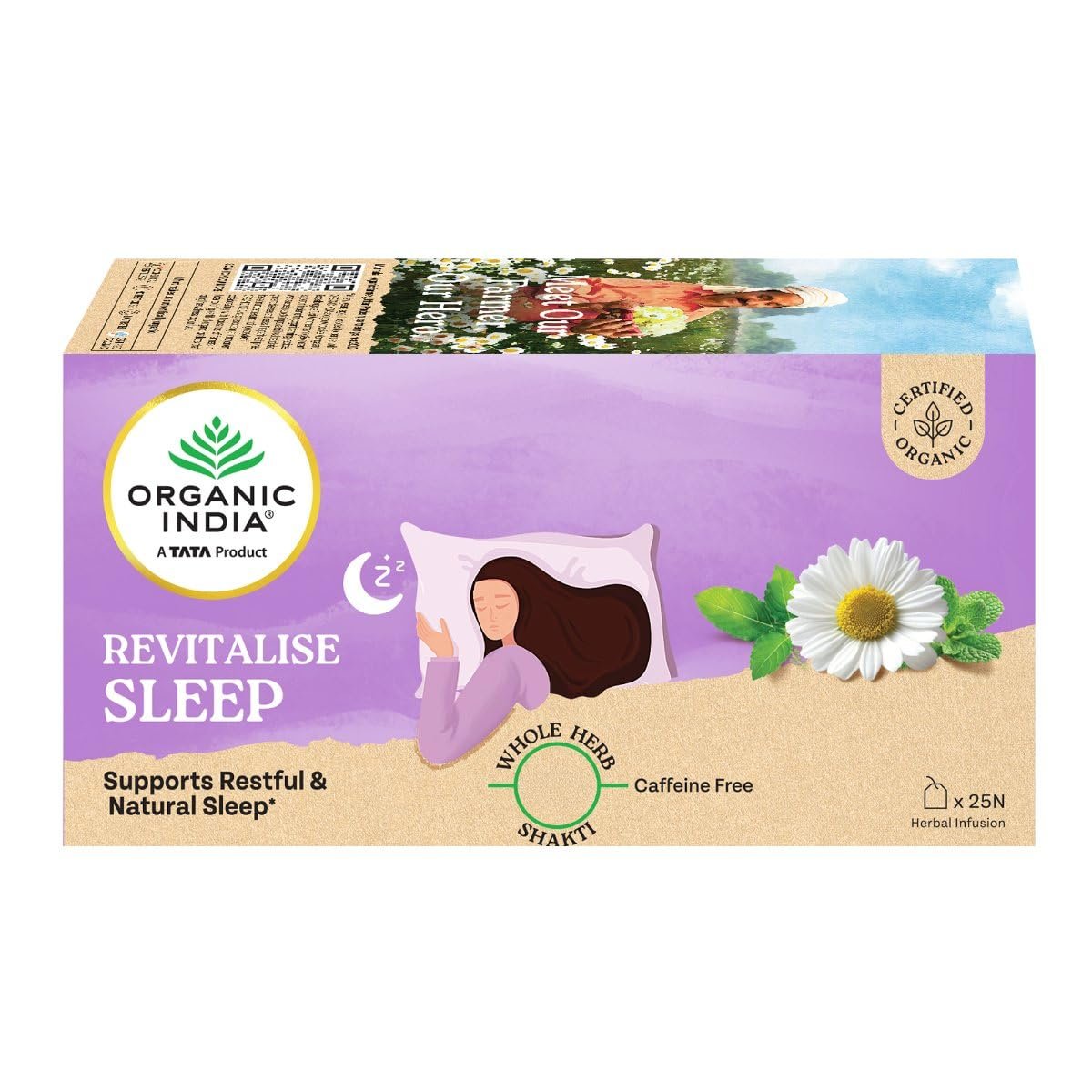 61oln9jpryl. sl1200 Organic India Revitalise Sleep Herbal Infusion, Pack of 25 Infusion Bags, Supports Restful & Natural Sleep, Calming Herbal Blend with Chamomile & Tagara, Whole Herb Formulation, Certified Organic, Caffeine Free