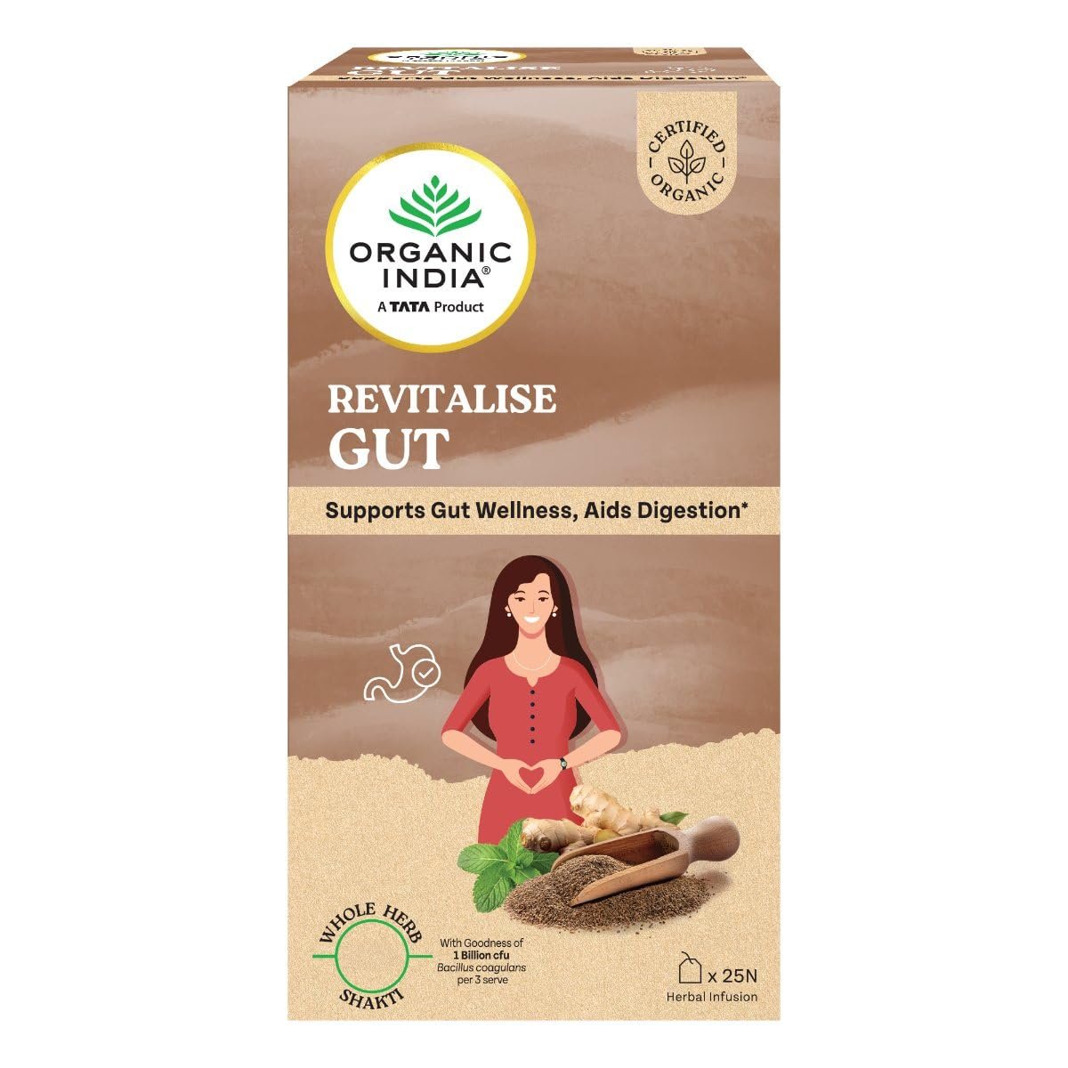 Organic India Revitalise Gut Herbal Infusion, Pack of 25 Infusion Bags, Supports Gut Wellness, Aids Digestion, With 1 Billion Probiotic CFU Bacillus Coagulans per 3 Serves, Whole Herb Blend, Certified Organic, Caffeine Free Organic India Revitalise Gut Herbal Infusion, Pack of 25 Infusion Bags, Supports Gut Wellness, Aids Digestion, With 1 Billion Probiotic CFU Bacillus Coagulans per 3 Serves, Whole Herb Blend, Certified Organic, Caffeine Free